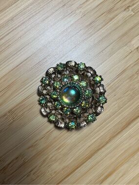 Vintage Aurora Borealis Green Rhinestone Round Brooch Pin